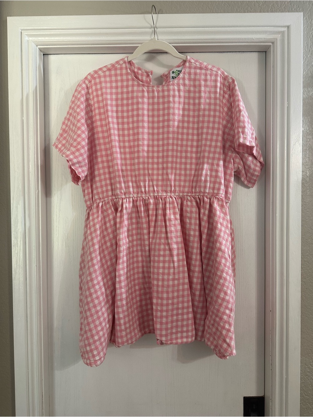 Pink Gingham Mini Dress with Gathered Waist